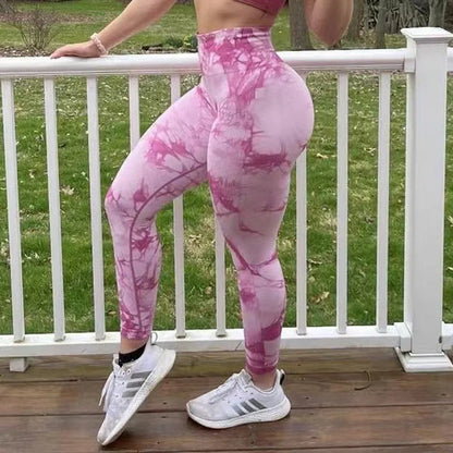 Women's tie dye yoga pants with seamless push-up design in various colors