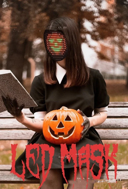 Black LED Halloween mask with 234 RGB beads showing glowing pattern on 17x20.5cm surface