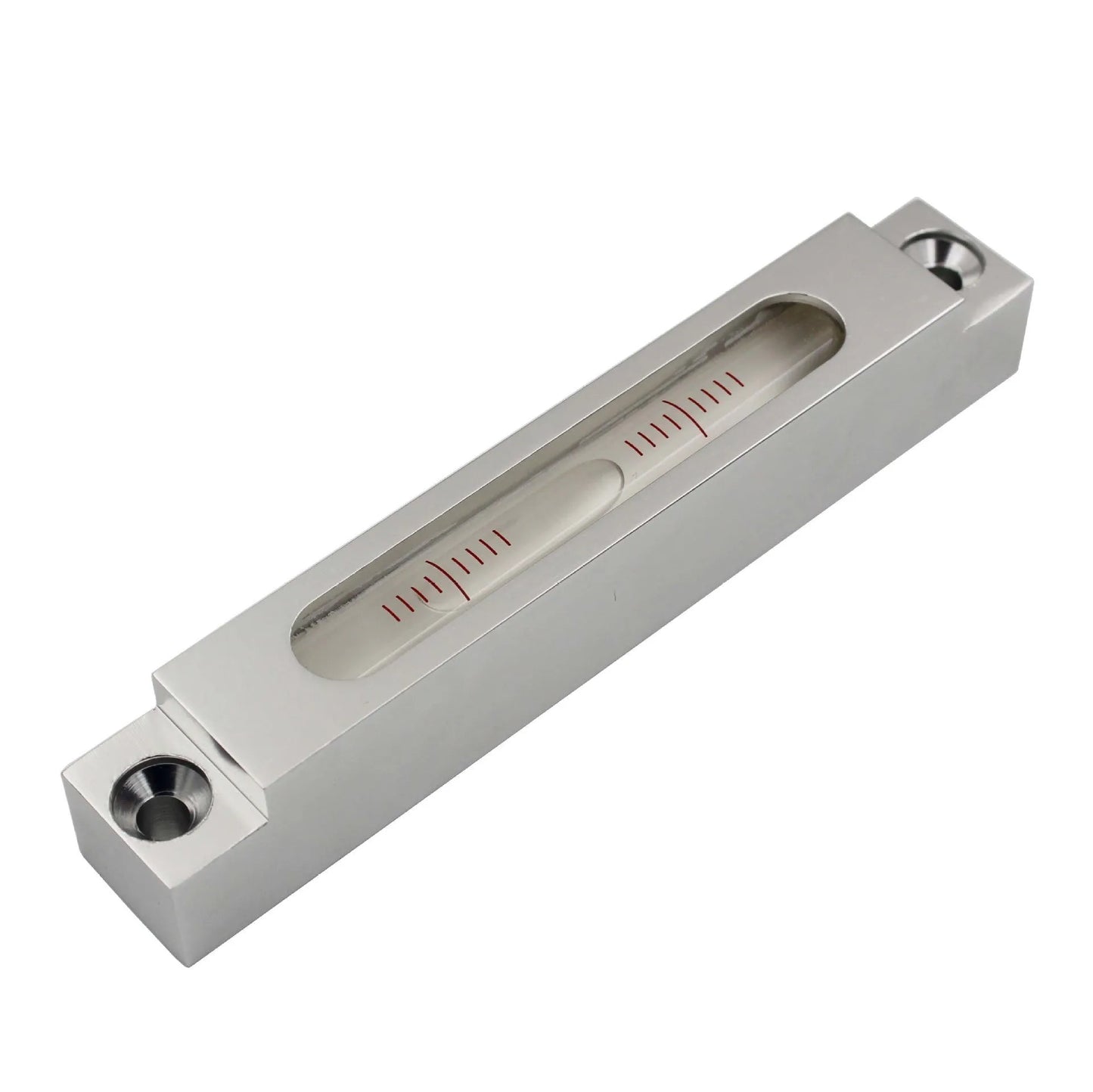 Metal and glass mini strip level showing 132mm length with clear 500 blister vial for precise measurement