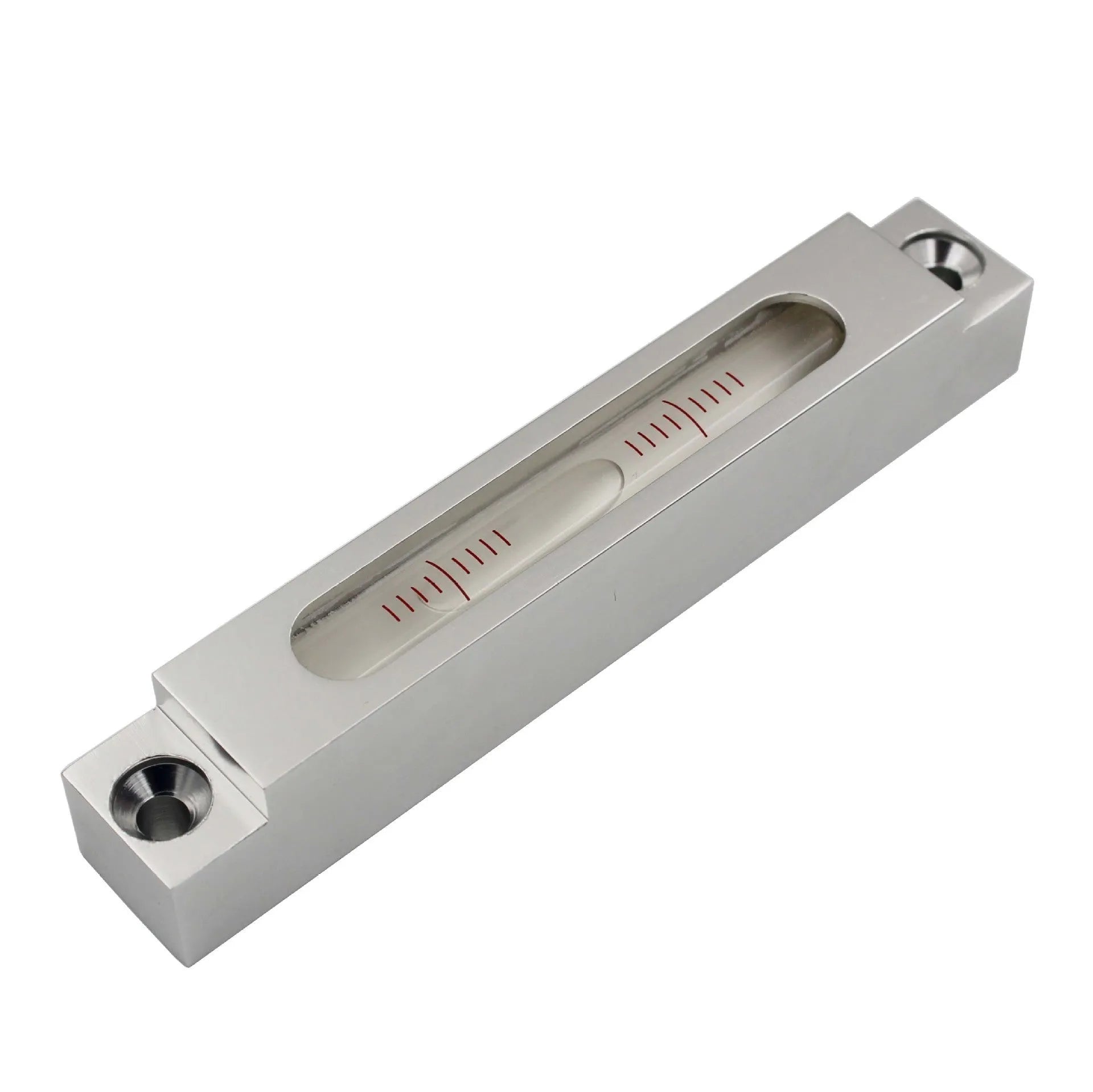 Metal and glass mini strip level showing 132mm length with clear 500 blister vial for precise measurement