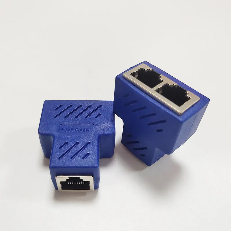 RJ45 network cable splitter adapter showing white, yellow, red, blue, and black colour options with standard Ethernet connectors