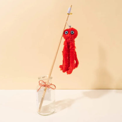 Long stick cat toy with furry octopus attachment and eyes in assorted colours