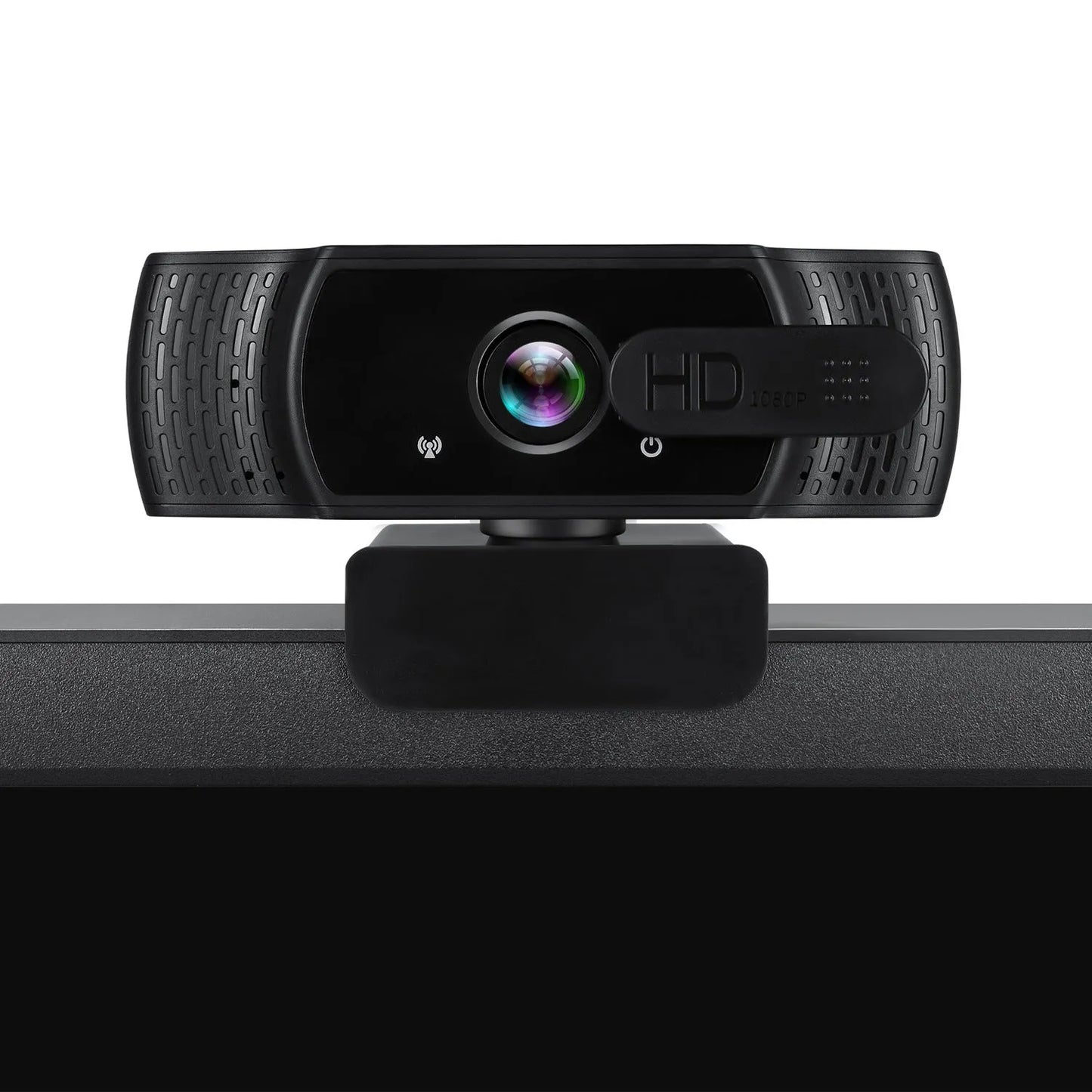 Black 1080P USB webcam with built-in microphone and a universal clip for laptops.