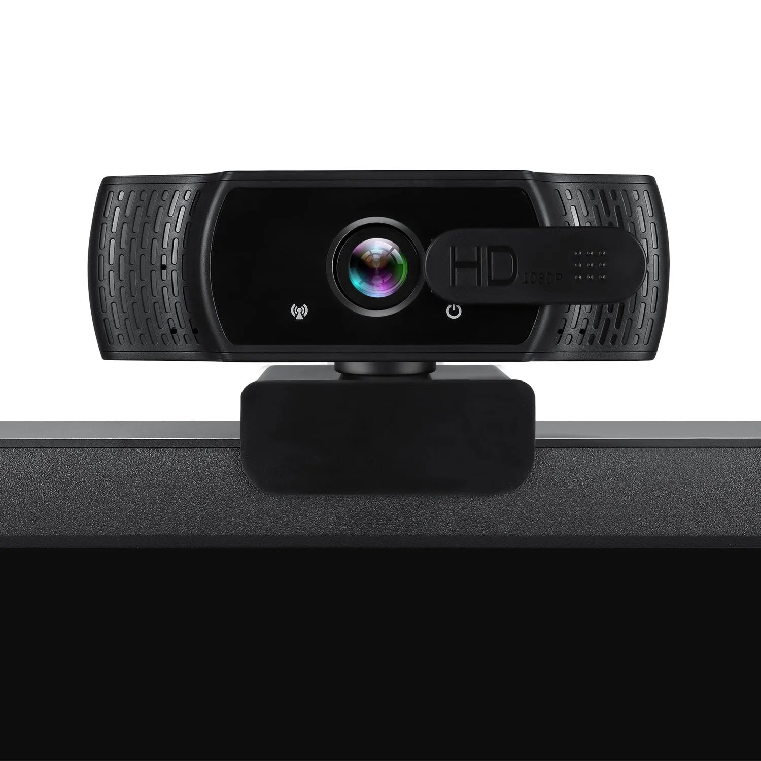 Black 1080P USB webcam with built-in microphone and a universal clip for laptops.