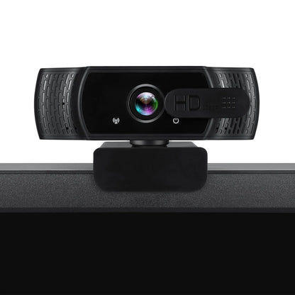 Black 1080P USB webcam with built-in microphone and a universal clip for laptops.