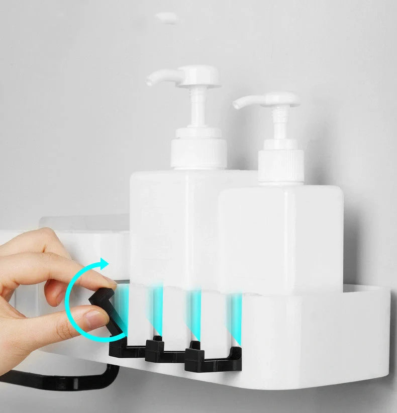 Double-layer wall-mounted storage shelf in black and grey, showing rotating feature and compartments