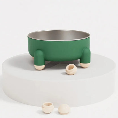Green stainless steel pet bowl with anti-overturn base and high foot for dogs and cats.