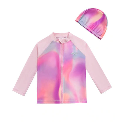Girls' long sleeve swimsuit with split skirt in gradually varied pink colour, showing complete arm coverage and skirt design