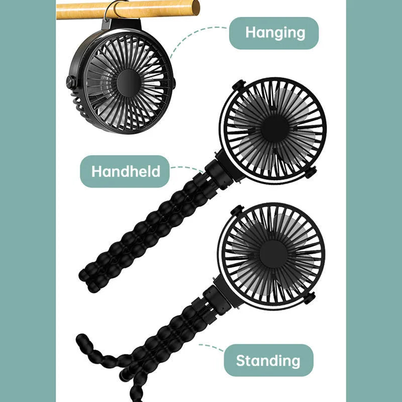 Black flexible tripod clip fan with USB charging cable, showing wrapped legs and blade guard.