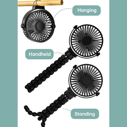 Black flexible tripod clip fan with USB charging cable, showing wrapped legs and blade guard.