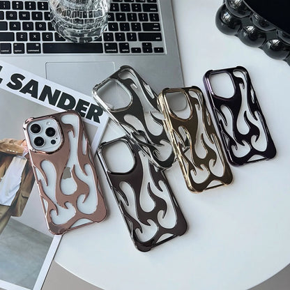 Electroplated hollow flame pattern phone case in silver plated finish on Apple iPhone, showing heat dissipation design and TPU soft shell