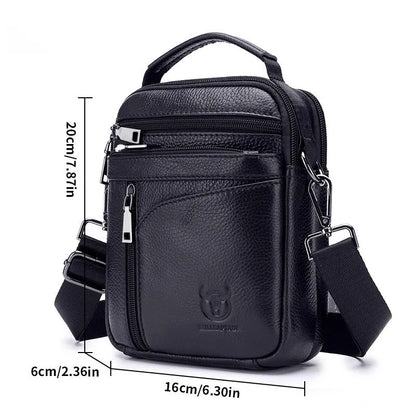 Men's black genuine leather shoulder messenger bag with retro styling