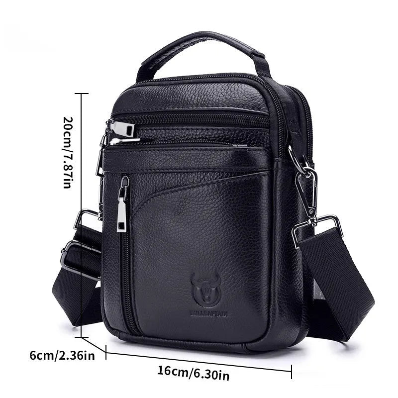 Men's leather business casual shoulder messenger bag made from genuine leather with a European and American retro style, designed for leisure travel with wear-resistant construction and available in solid black colour.
