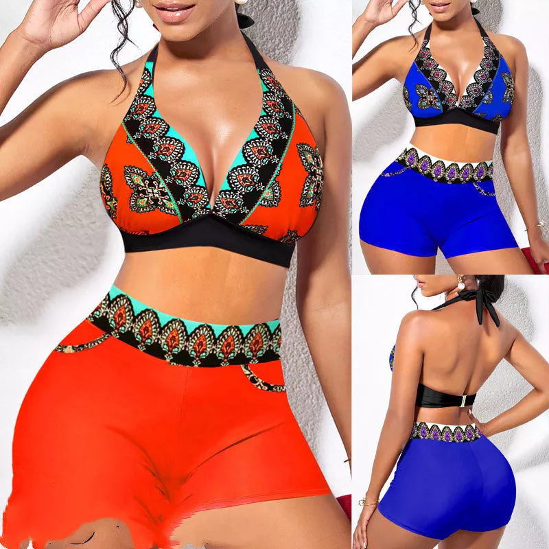 Women's adjustable halter cross bikini in blue and orange, quick-drying nylon fabric