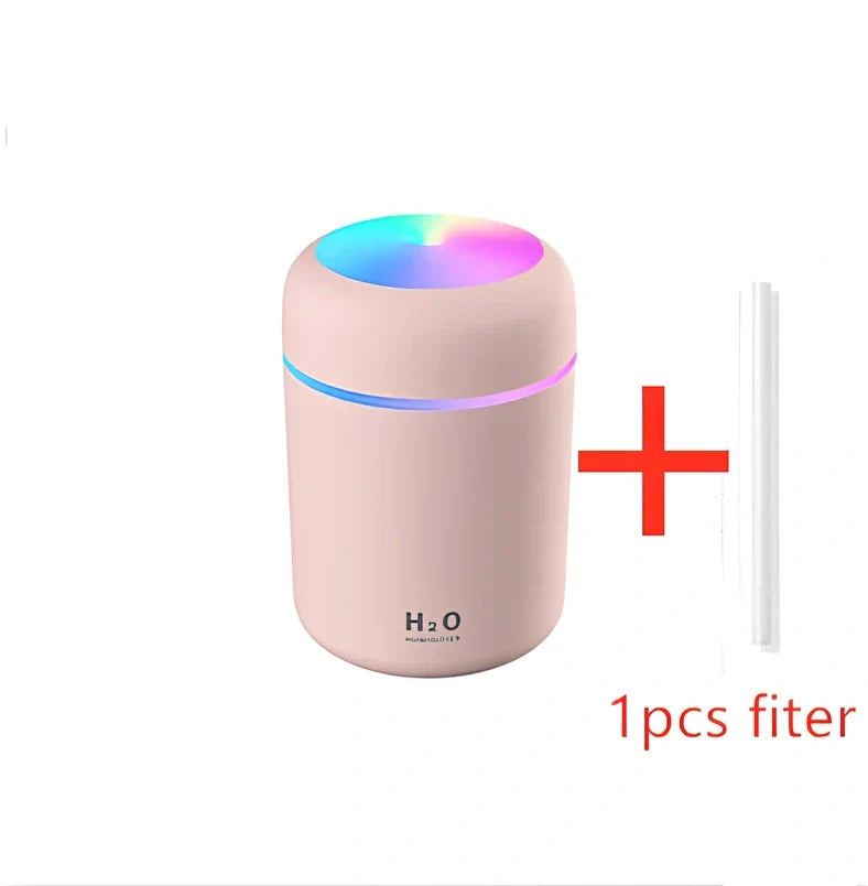 USB colourful air humidifier in white with 300ml tank and mist output for home car use