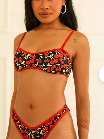 Women's cherry print floral bikini swimsuit with a tube top and brief style bottom.