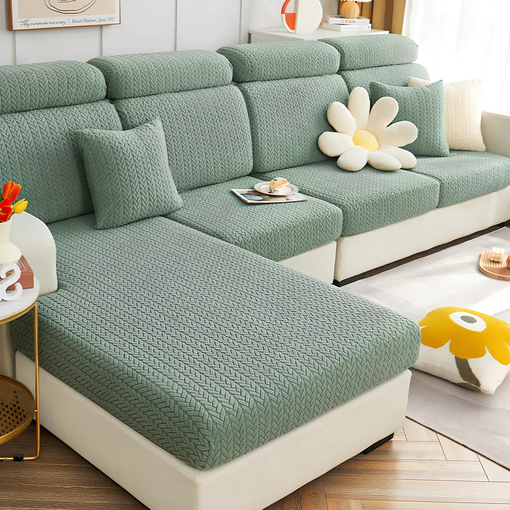 Elastic sofa cover with plant flower pattern on combination sofa in lake blue colour