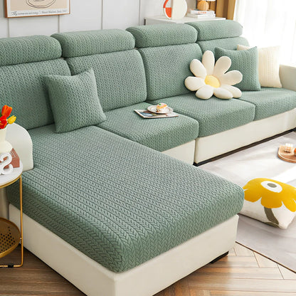 Elastic sofa cover with plant flower pattern on combination sofa in lake blue colour