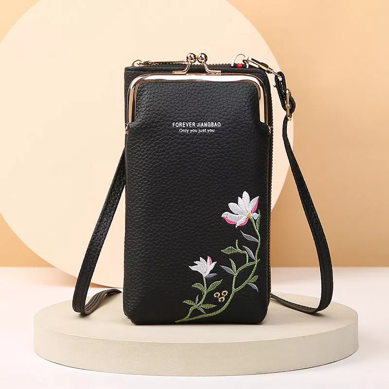 Flower embroidery phone bag with lock buckle in multiple colors
