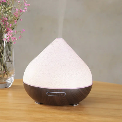 Crackle finish humidifier with wood grain pattern and single fog outlet