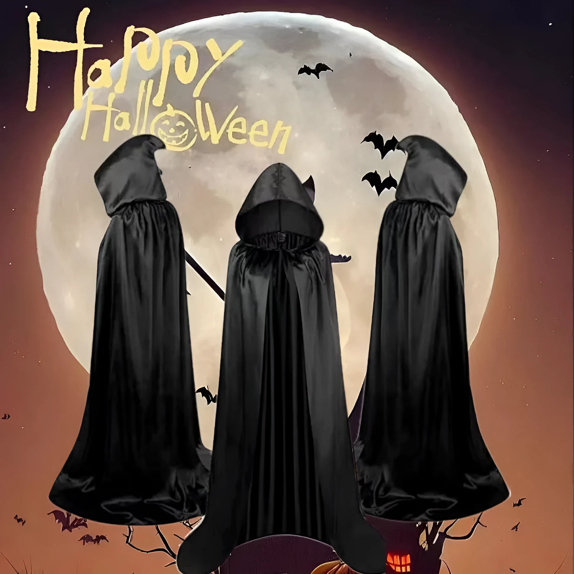 Children's black satin hooded cloak for Halloween wizard or witch costume with gold and purple colour options