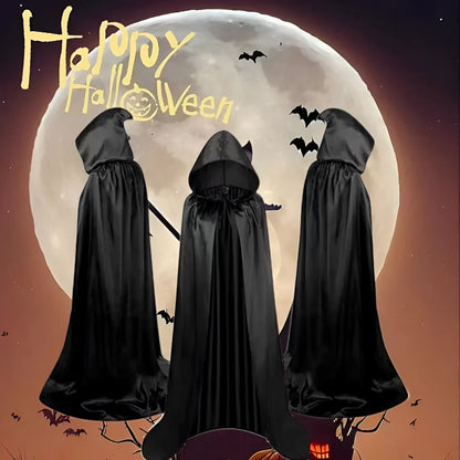 Children's black satin hooded cloak for Halloween wizard or witch costume with gold and purple colour options