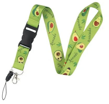 Green avocado cartoon print on a white polyester phone lanyard with a silver buckle.