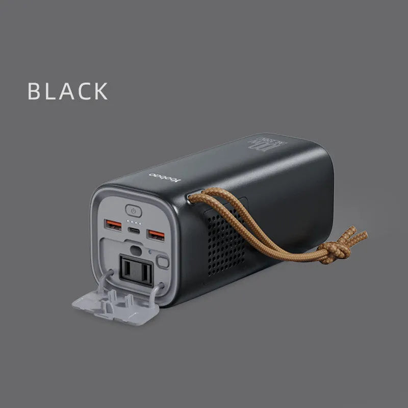 Black battery emergency power bank with solar panel, 70mm by 70mm by 162mm, showing 200W output and charging ports
