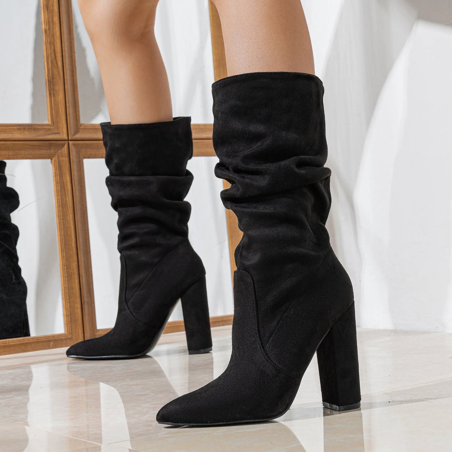 Women's chunky heel pointed-toe suede boots in black, apricot, or red with 8cm+ heel height