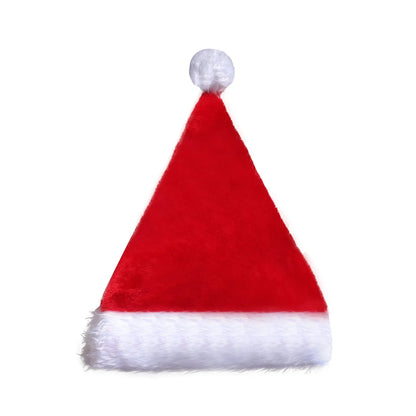 Red and white plush Santa hat with LED lights around brim in Christmas setting