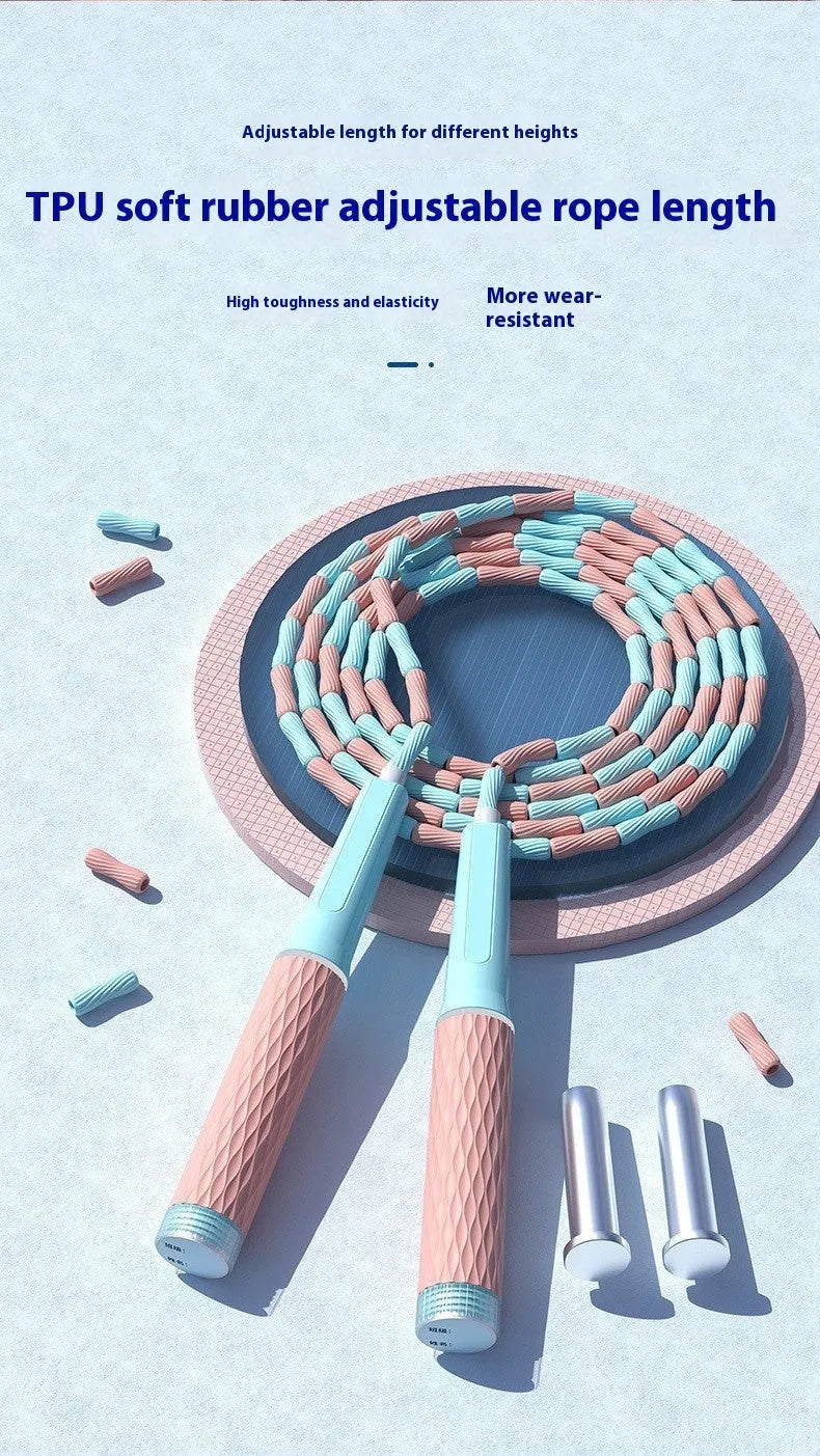 Children's bamboo bead skipping rope in blue colour showing soft beads and 2.8 metre length