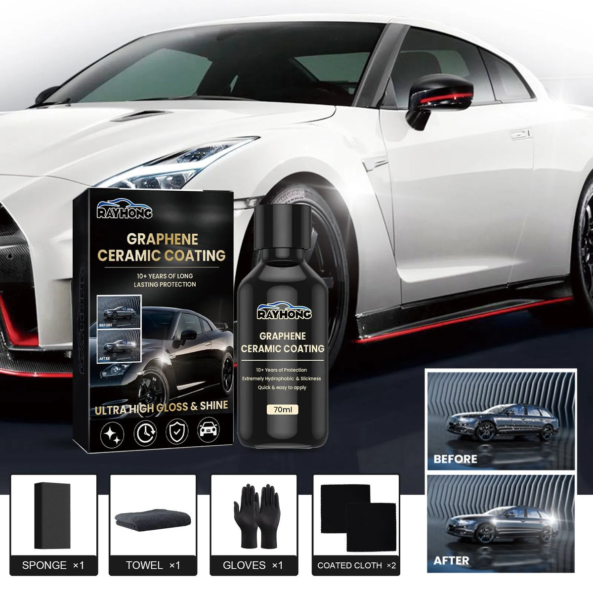 70ml bottle of graphene ceramic coating for cars with sponge, towel, gloves, and cloths