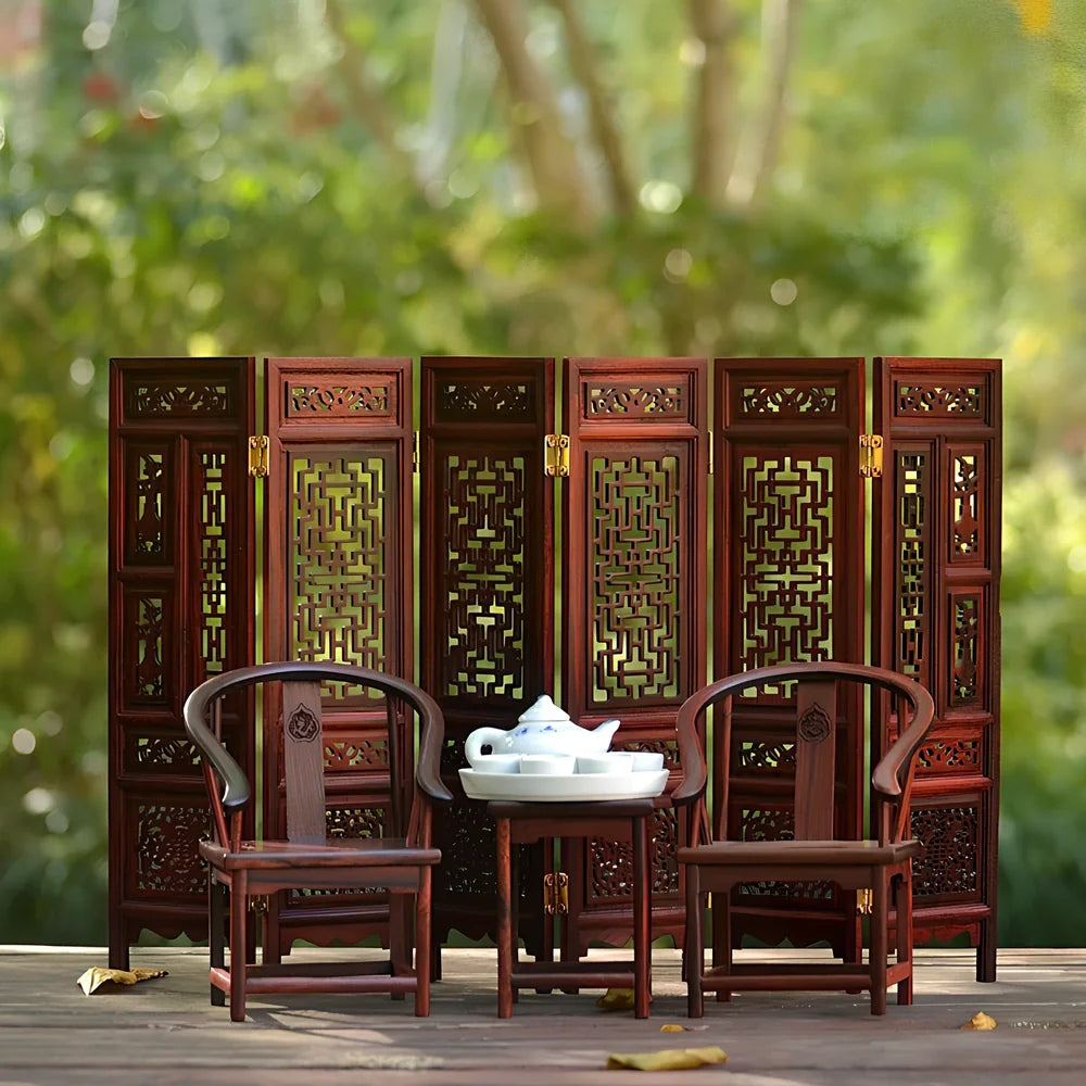 Red rosewood miniature Chinese furniture model with traditional carved details and mahogany construction