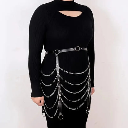 Black PU leather bandage-style waist chain clothing ornament for women