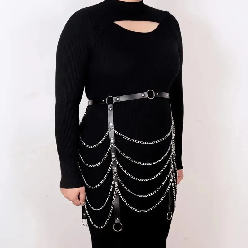 Waist chain accessory for women and adult females crafted from black PU leather, a bandage-style binding chain clothing ornament suitable for festival outfits, rave wear and alternative fashion styling, designed as a single-piece decorative belt accent