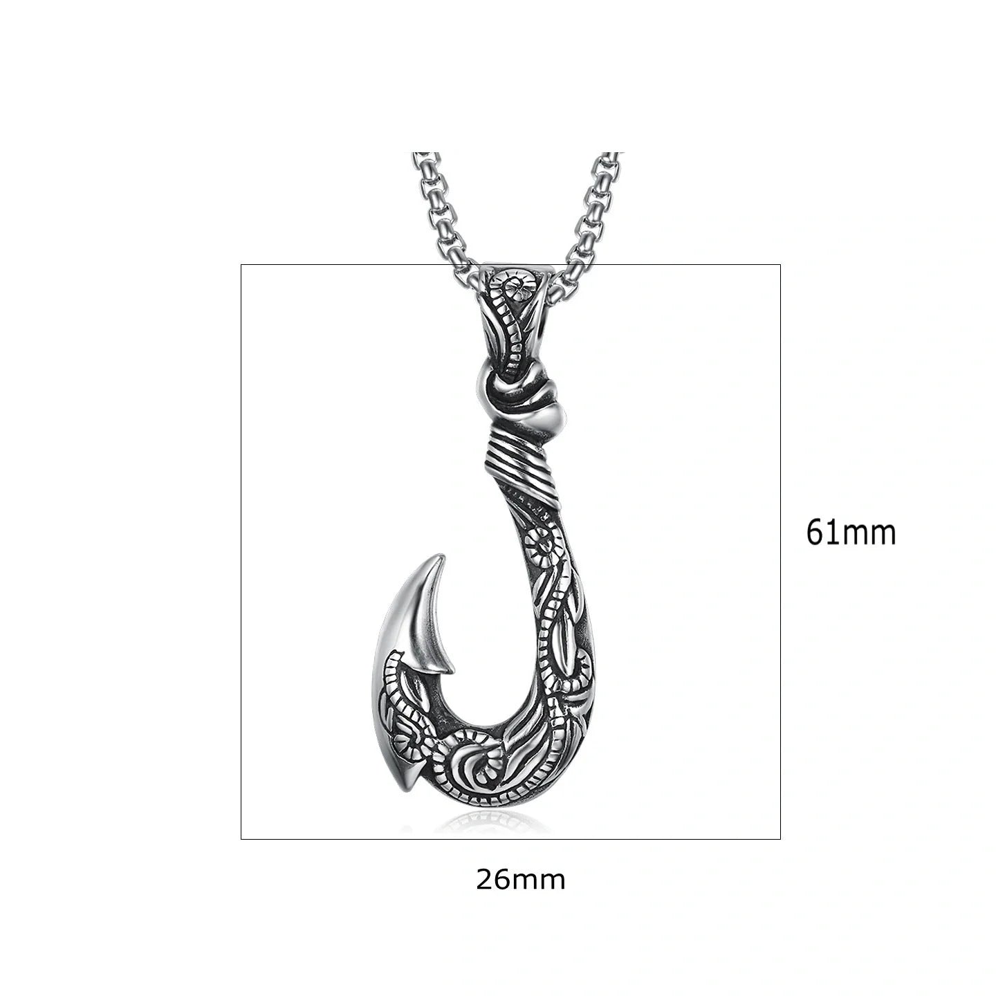 Vintage titanium steel fish hook pendant with snake chain, perfect for unisex fashion.
