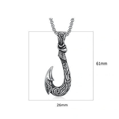 Vintage titanium steel fish hook pendant with snake chain, perfect for unisex fashion.