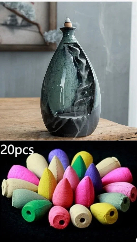 Wood flour indoor incense tower burner, 15cm tall with 8cm base and colour glaze, viewing smoke from 2.5cm cones
