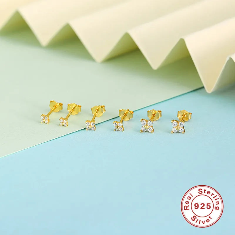 S925 sterling silver stud earrings with geometric crystal petal flowers in gold finish