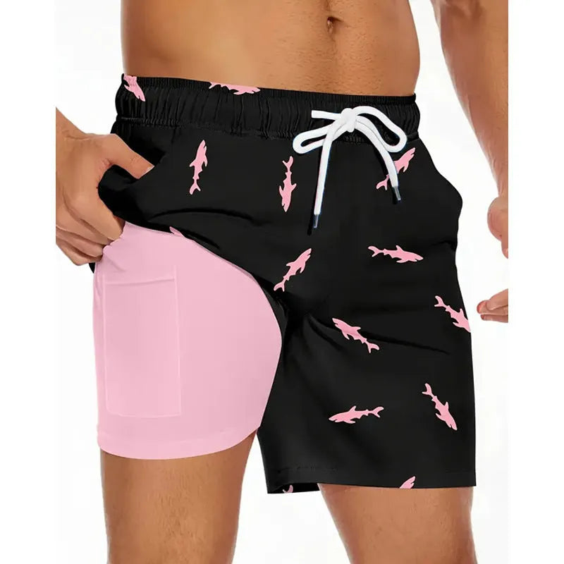 Men's loose fit polyester beach shorts in various colours showing size range up to 5XL