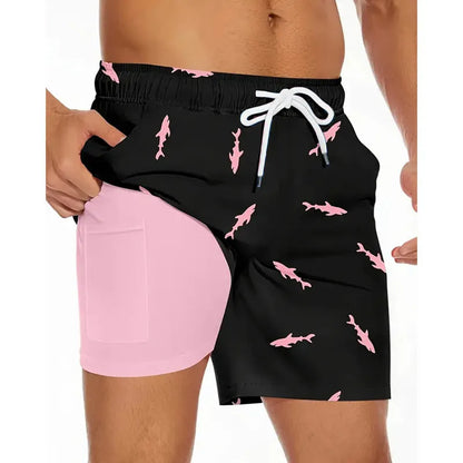 Men's loose fit polyester beach shorts in various colours showing size range up to 5XL