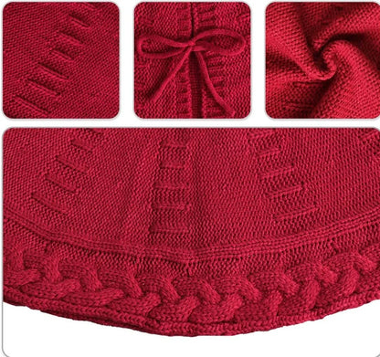 Red knitted Christmas tree skirt with 122cm diameter showing traditional wool construction