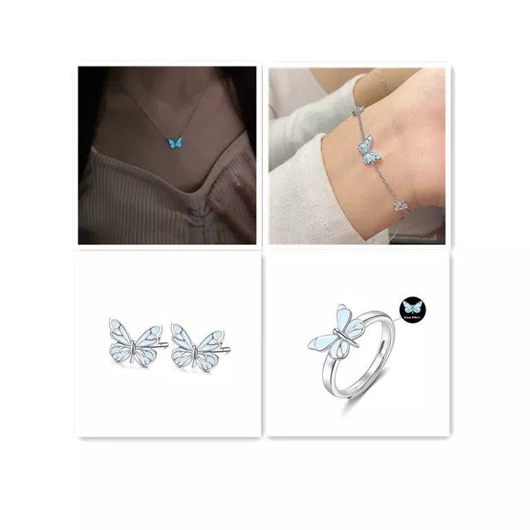Glow-in-the-dark blue butterfly necklace and bracelet set for women, perfect for parties and gifts.