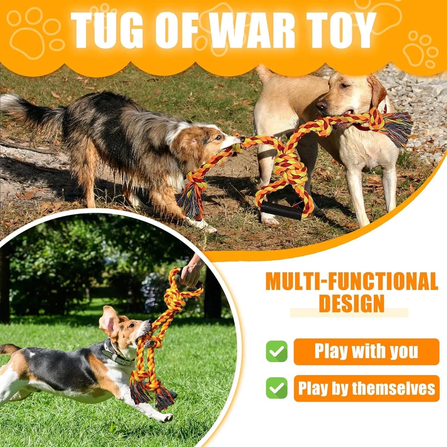 Blue and yellow dog rope toy with non-slip handle, measuring 18cm by 62cm for aggressive chewers