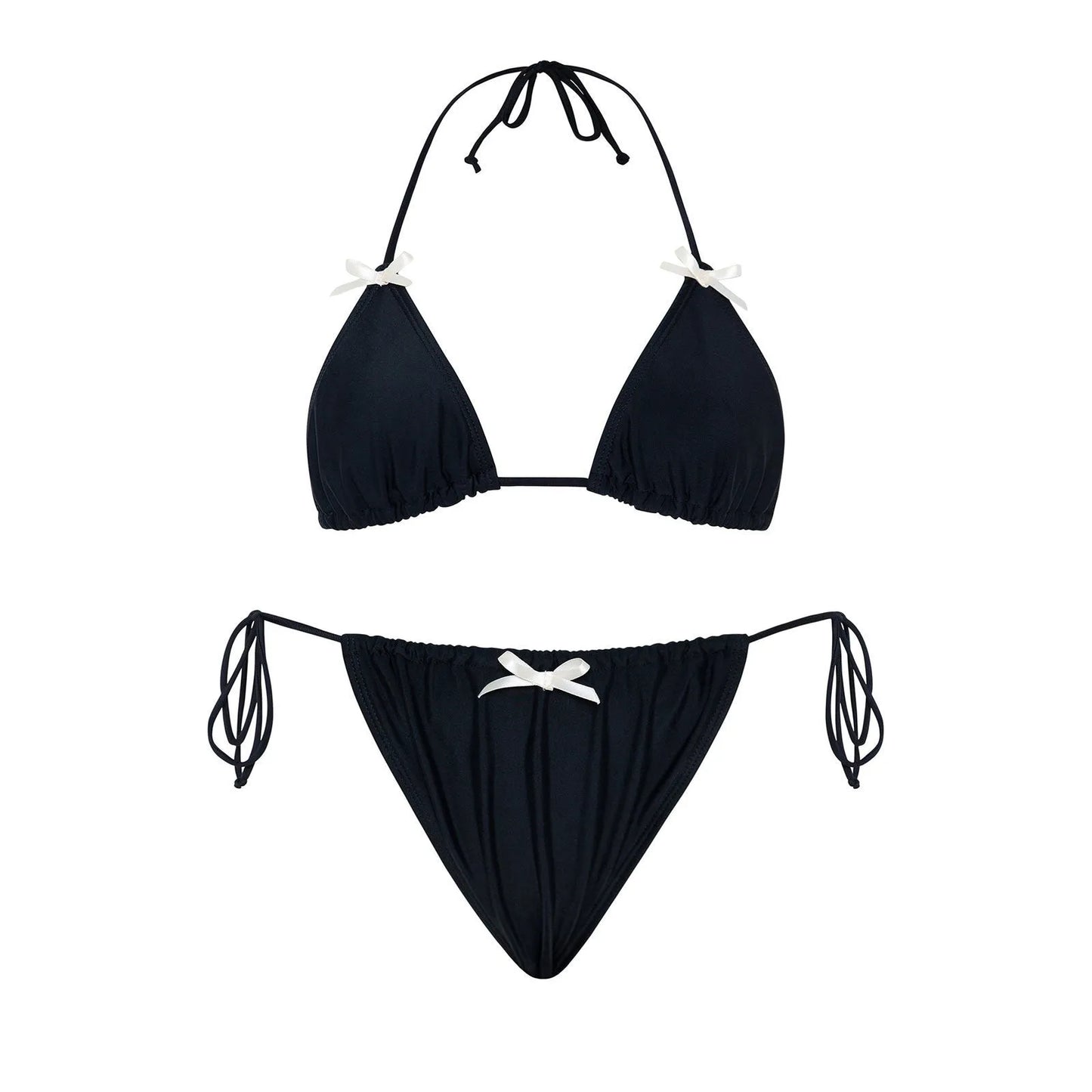 Women's solid colour bikini swimsuit with a bow tie on the top, shown in one of five colour options.