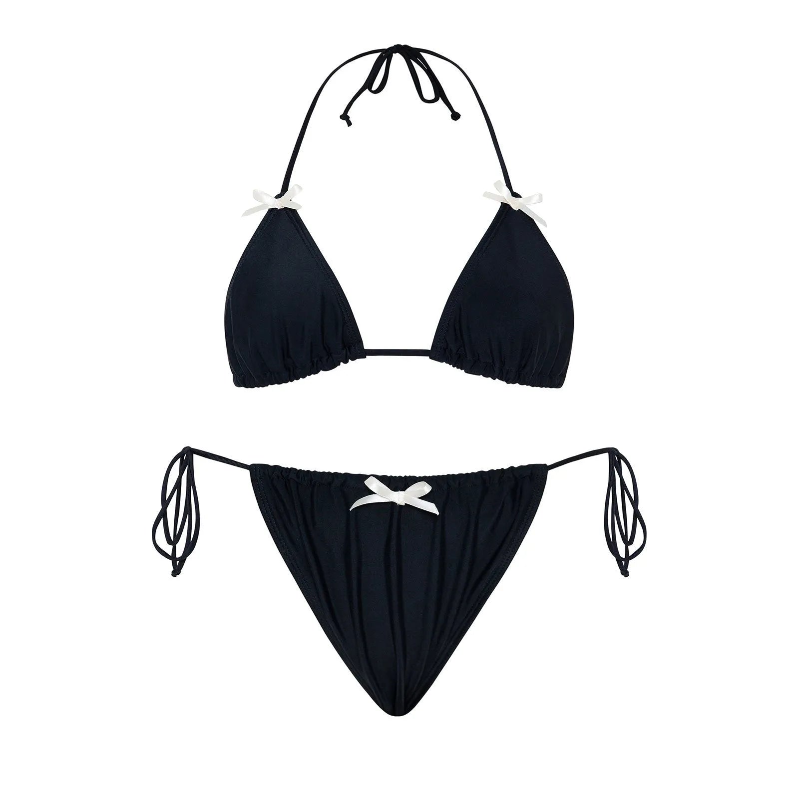 Women's solid colour bikini swimsuit with a bow tie on the top, shown in one of five colour options.