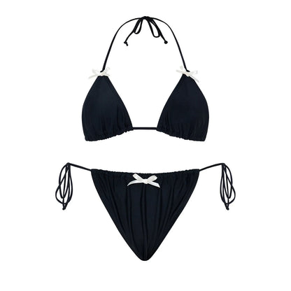 Women's solid colour bikini swimsuit with a bow tie on the top, shown in one of five colour options.