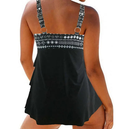 Women's plus size split swimsuit with double shoulder straps and a bow, in Picture Colour.