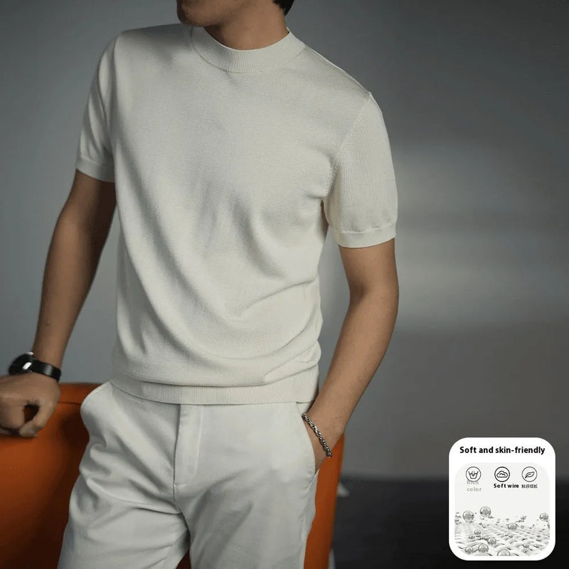 Men's knitted T-shirt in solid colours with round neck and short sleeves, made from polyester fibre chemical fibre blend fabric with non-ironing treatment for business gentleman style, available in silver grey, purple, black, brown, and sapphire blue