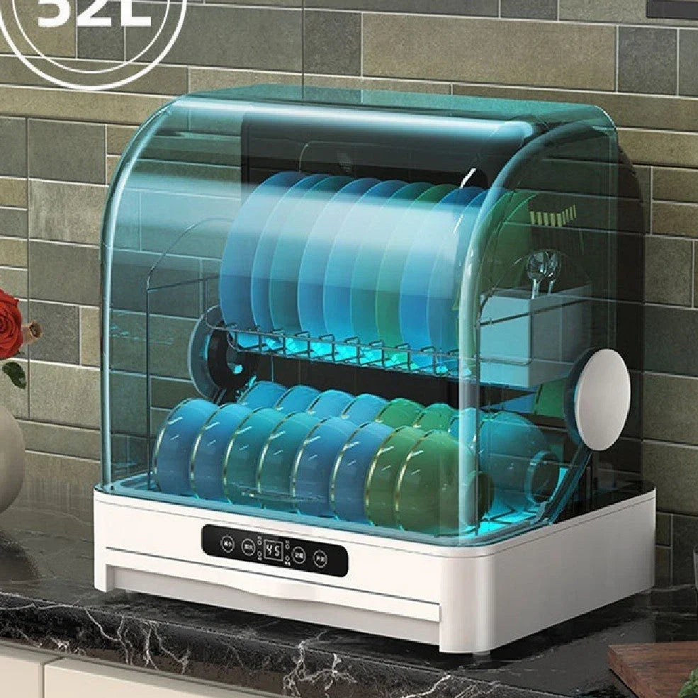 White desktop kitchen disinfection dryer with compact design showing control panel and 360° constant temperature technology